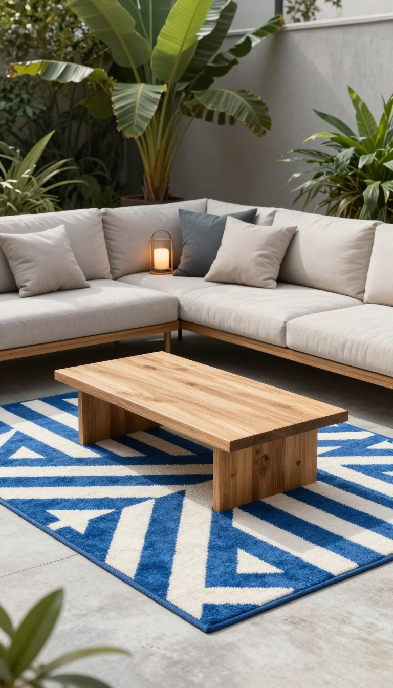 Outdoor patio with a blue and white patterned rug defining a cozy seating area, featuring a sofa, coffee table, and potted plants.