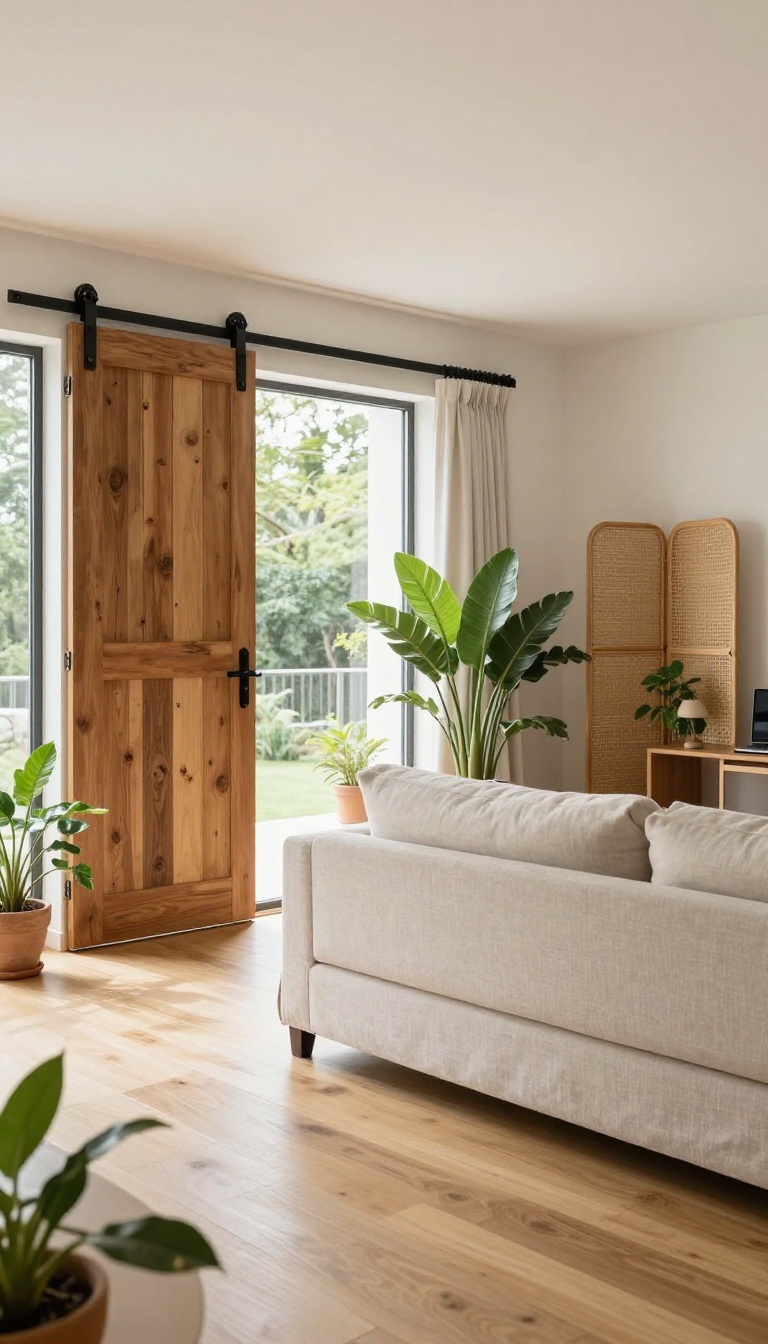 Bright living room with a reclaimed wood sliding barn door on a black track and a woven rattan room divider creating a cozy nook