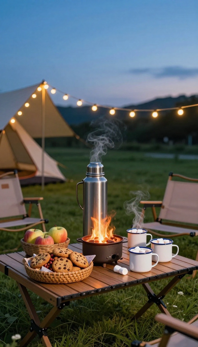 Backyard camping hot cocoa and snack station on a small table beside a fire pit and tent at dusk