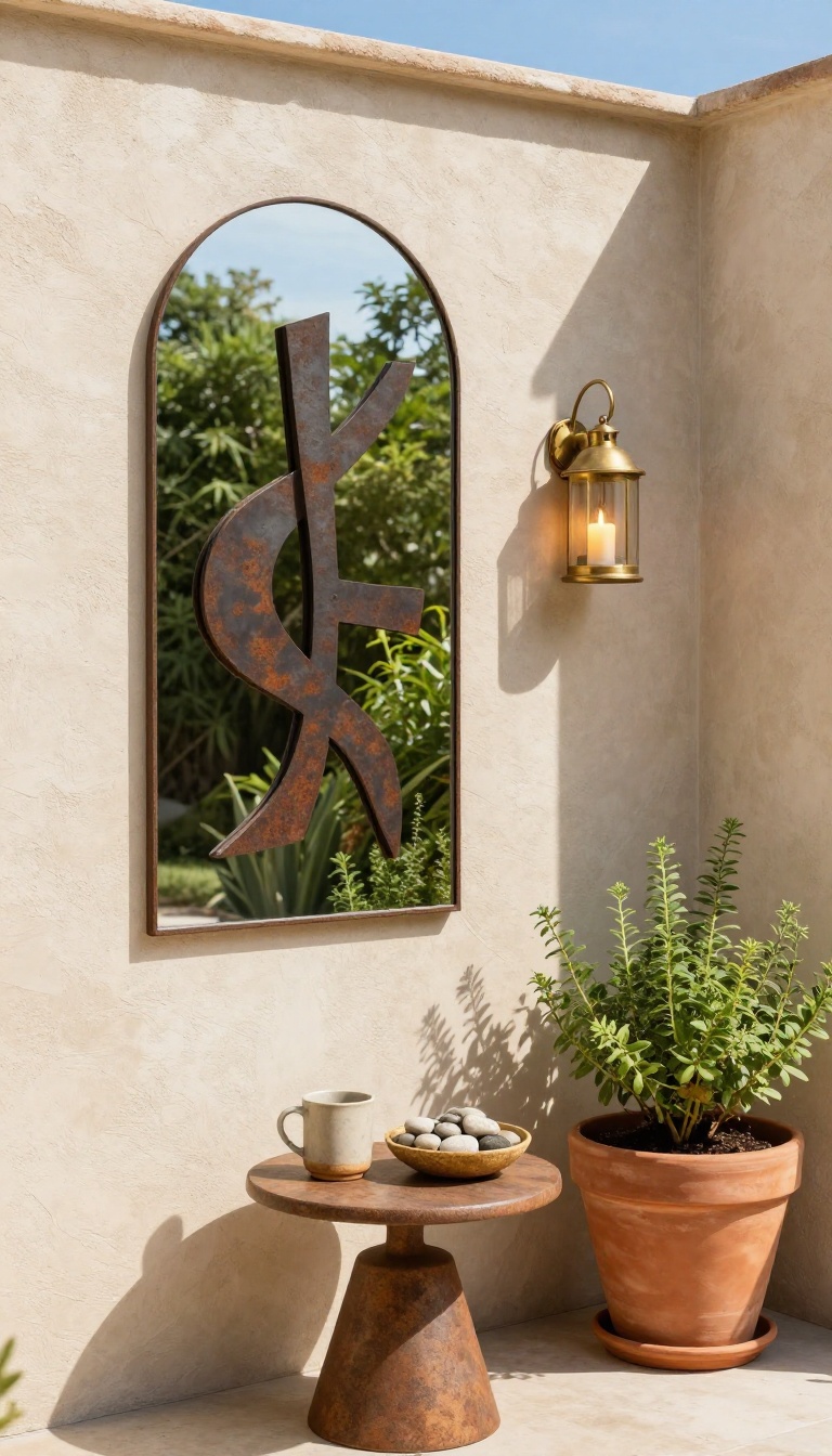 Cozy backyard courtyard corner with an arched mirror reflecting greenery, metal wall art, lanterns, and potted herbs in warm afternoon light