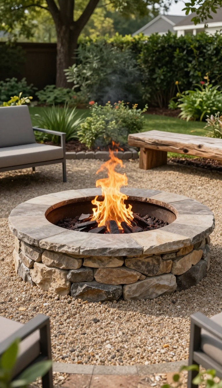 Classic stone bowl fire pit sunken into a backyard patio with natural stone walls and warm flames, surrounded by seating and greenery in bright daylight