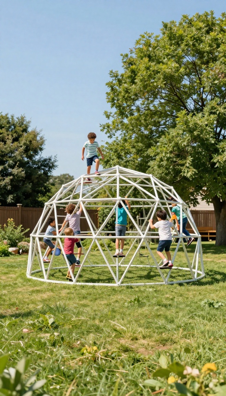 Kids climbing on a steel geo dome in a sunny backyard