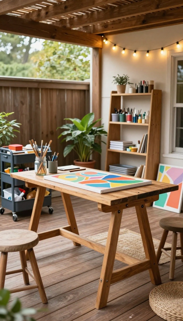 Under-deck artistic studio with a worktable, art supplies, and warm lighting