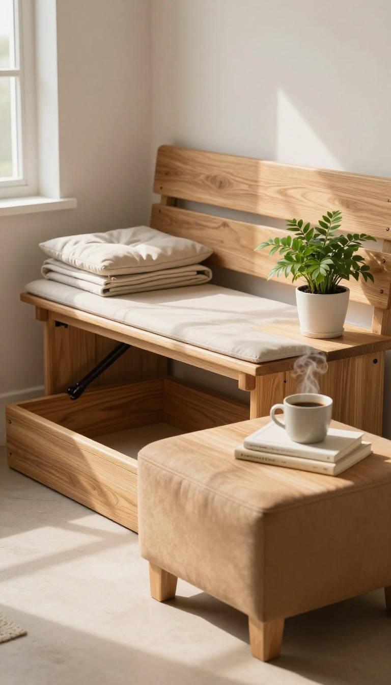 Small patio with a storage bench and a multi-functional ottoman, showcasing space-saving outdoor furniture.