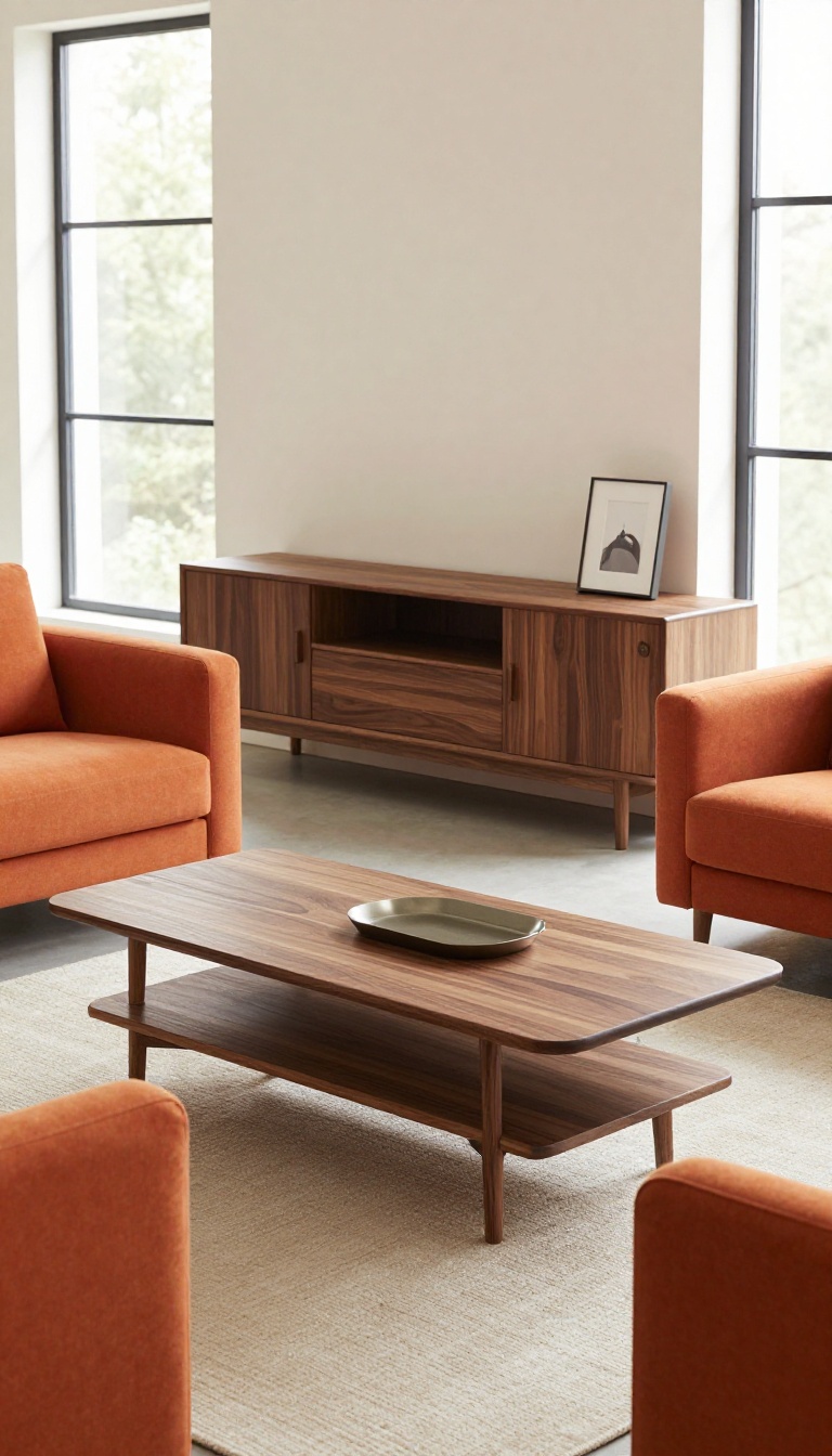 Bright living room with an orange couch balanced by dark walnut wood furniture in natural light