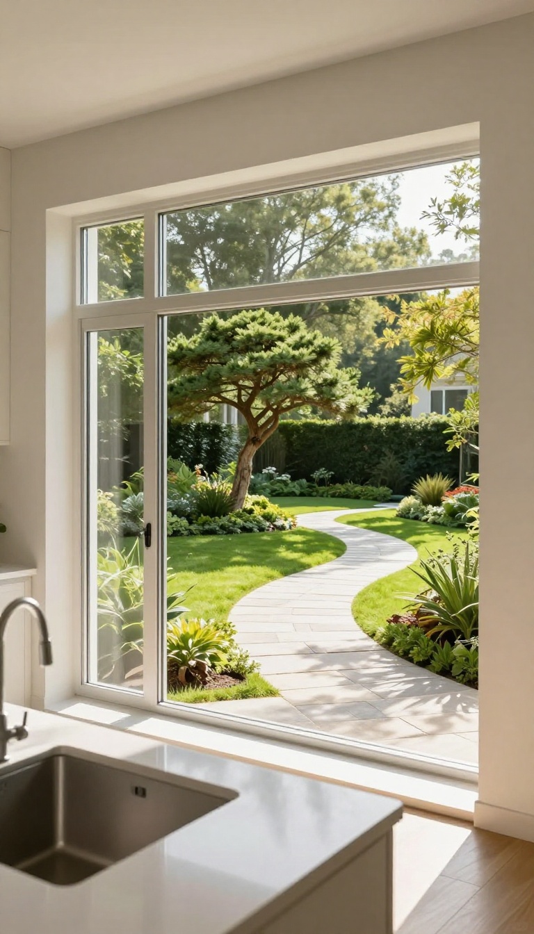 Bright kitchen window framing a view of a landscaped backyard with a lawn, garden beds, and a focal tree