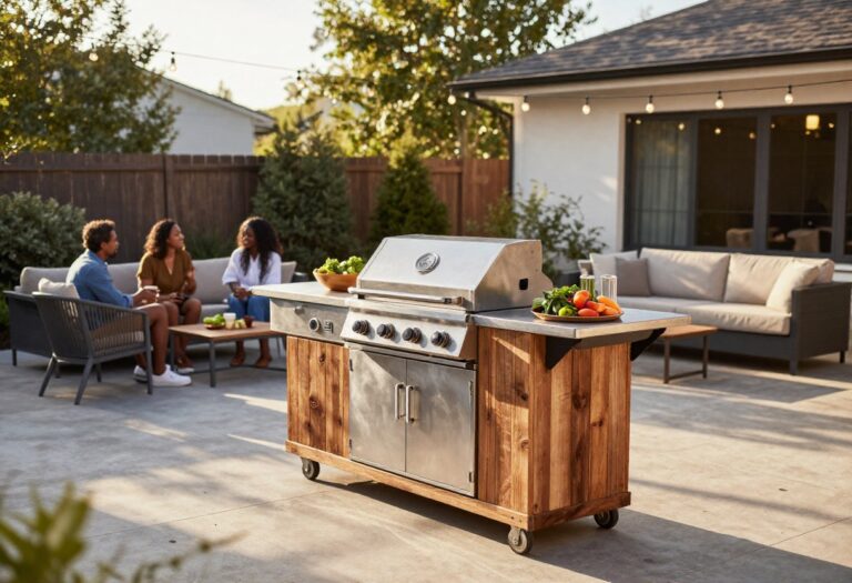 Backyard outdoor kitchen with grill, prep cart, and string lights ready for entertaining