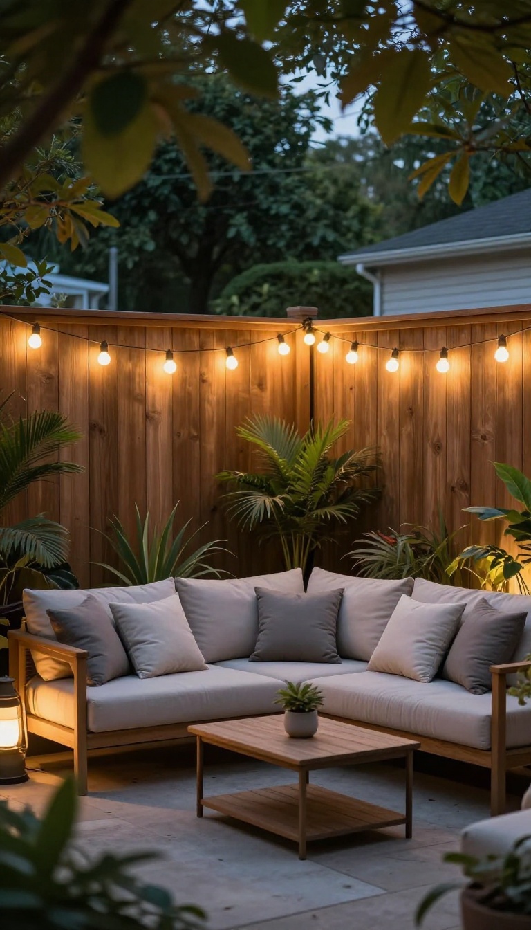 Backyard patio with warm white string lights zigzagging above a cozy outdoor seating area at dusk