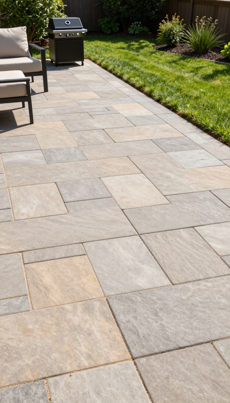 Backyard paver patio with tight uniform joints and polymeric sand, surrounded by green lawn and modern outdoor furniture in bright natural light