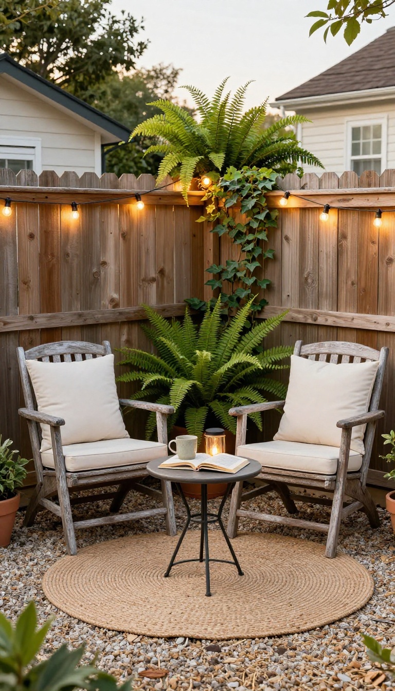 Cozy backyard corner nook with two chairs, a small bistro table, string lights, and a rug tucked into a fence corner