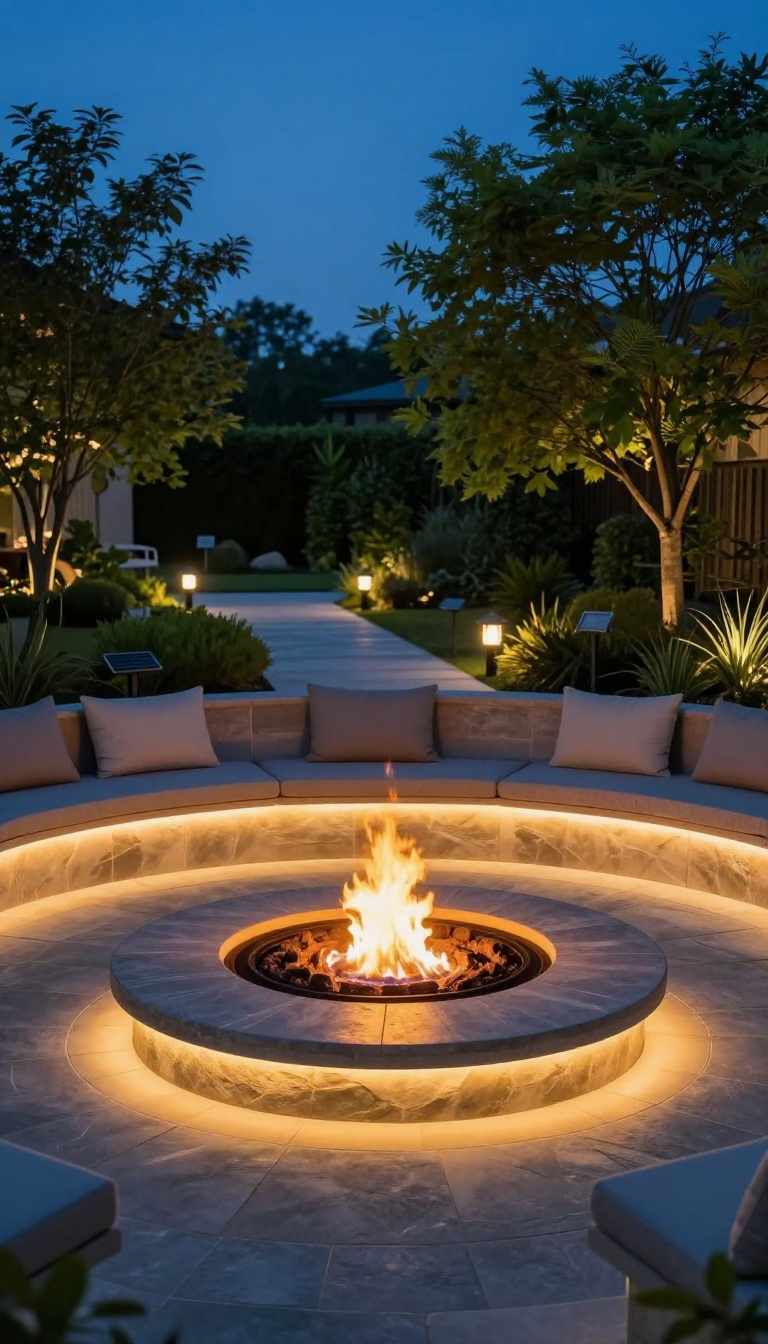 Sunken fire pit with integrated LED rim lighting and solar path lights glowing around a backyard seating area at dusk
