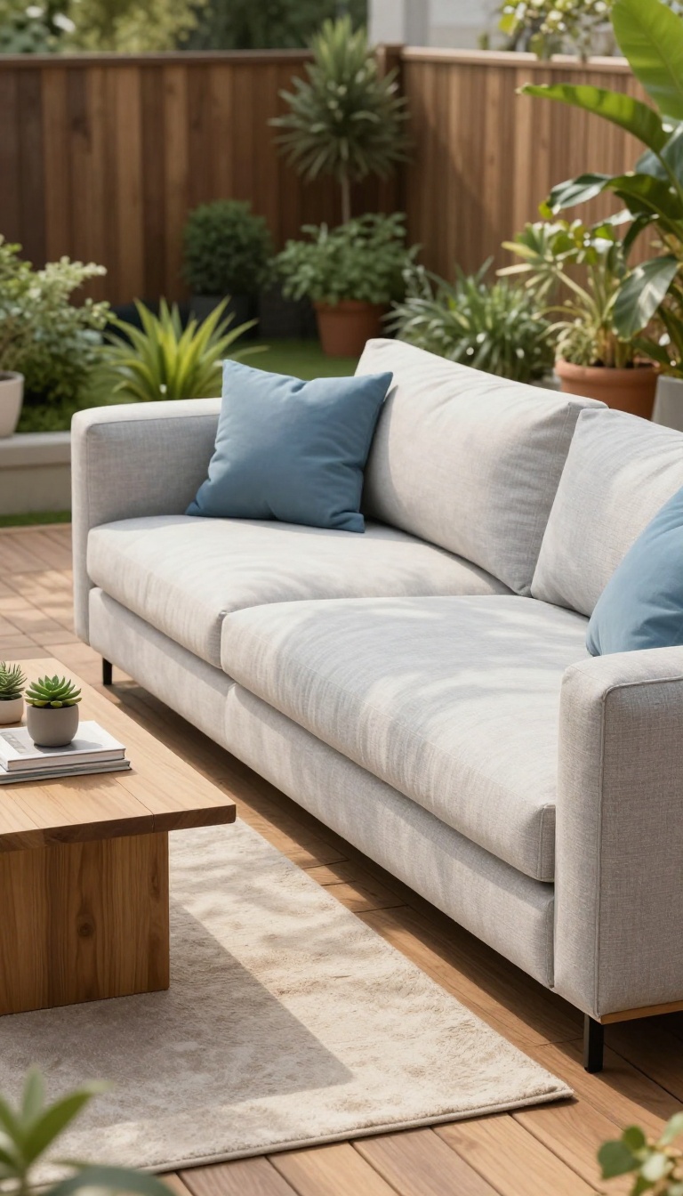Outdoor sofa with attached chaise lounge on a wooden deck, styled with cushions and plants in natural light.