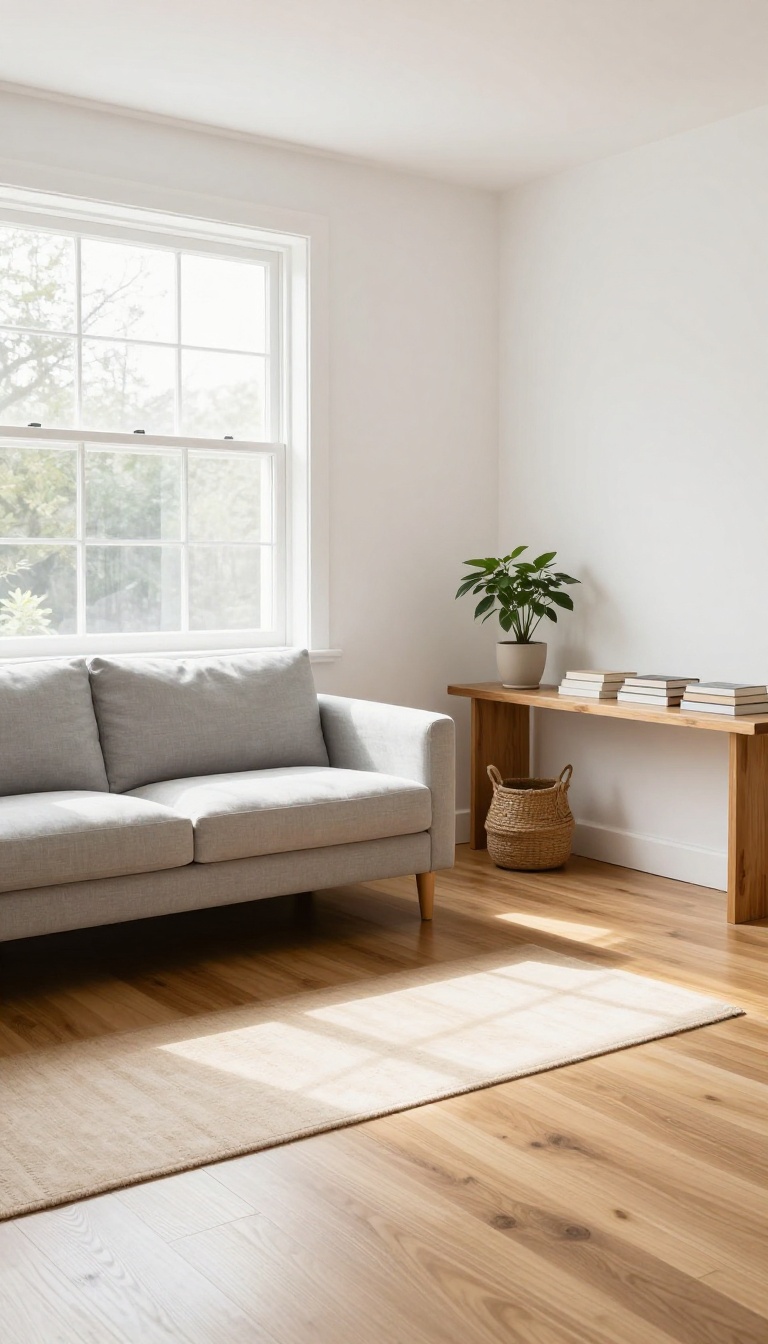 Small bright living room with a gray sofa floated away from the wall to create a walkway, with a slim console table and plant behind it