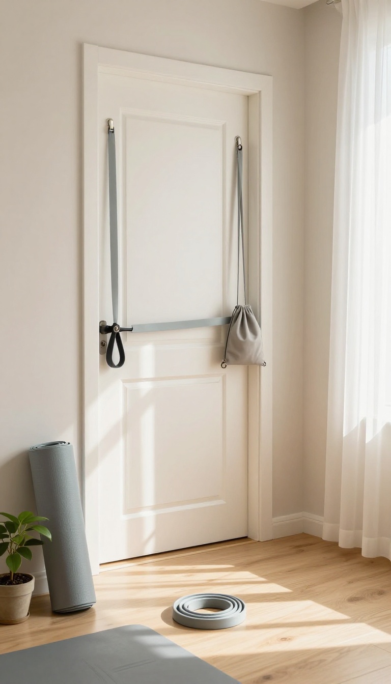 Resistance band door anchor station set up on a bedroom door with loop bands and a small storage bag