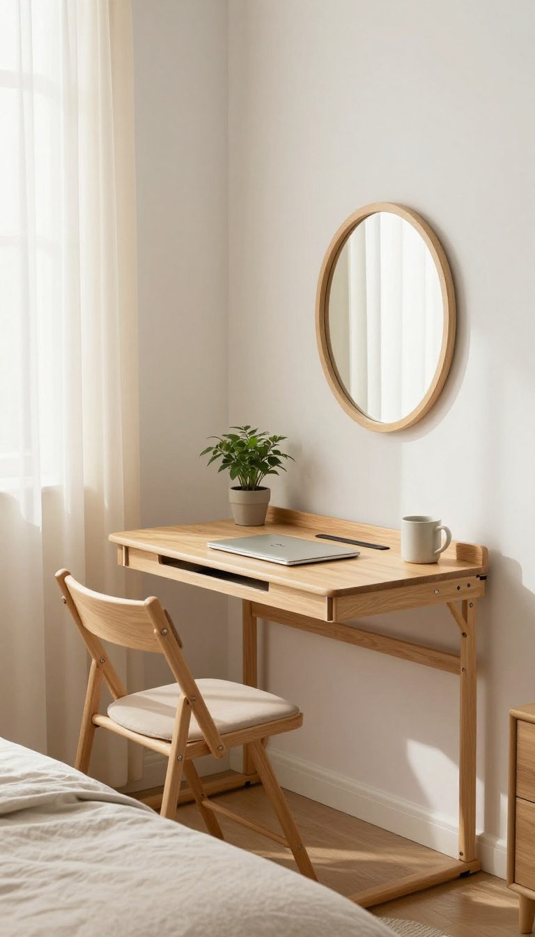 Small bedroom corner with a wall-mounted fold-down desk in use, folding chair tucked underneath, mirror above, and soft natural light from a window