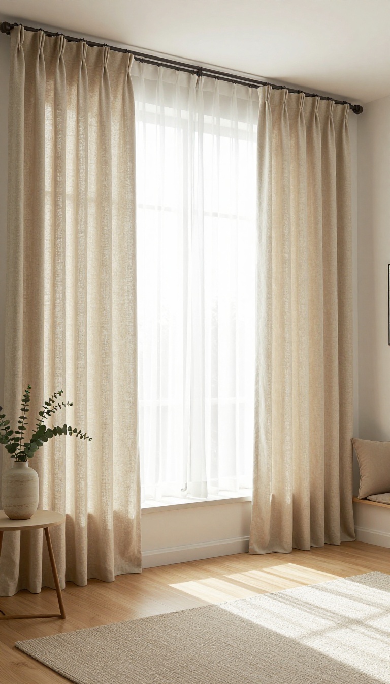 Living room bay window framed by floor-length linen curtains and a sheer layer, mounted high near the ceiling with a window seat and bright natural light