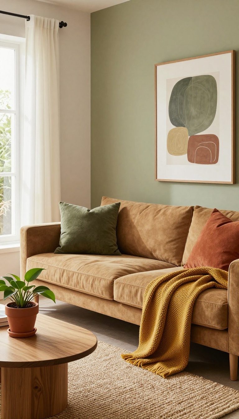 Warm living room with tan couch and earthy accent colors like rust and olive