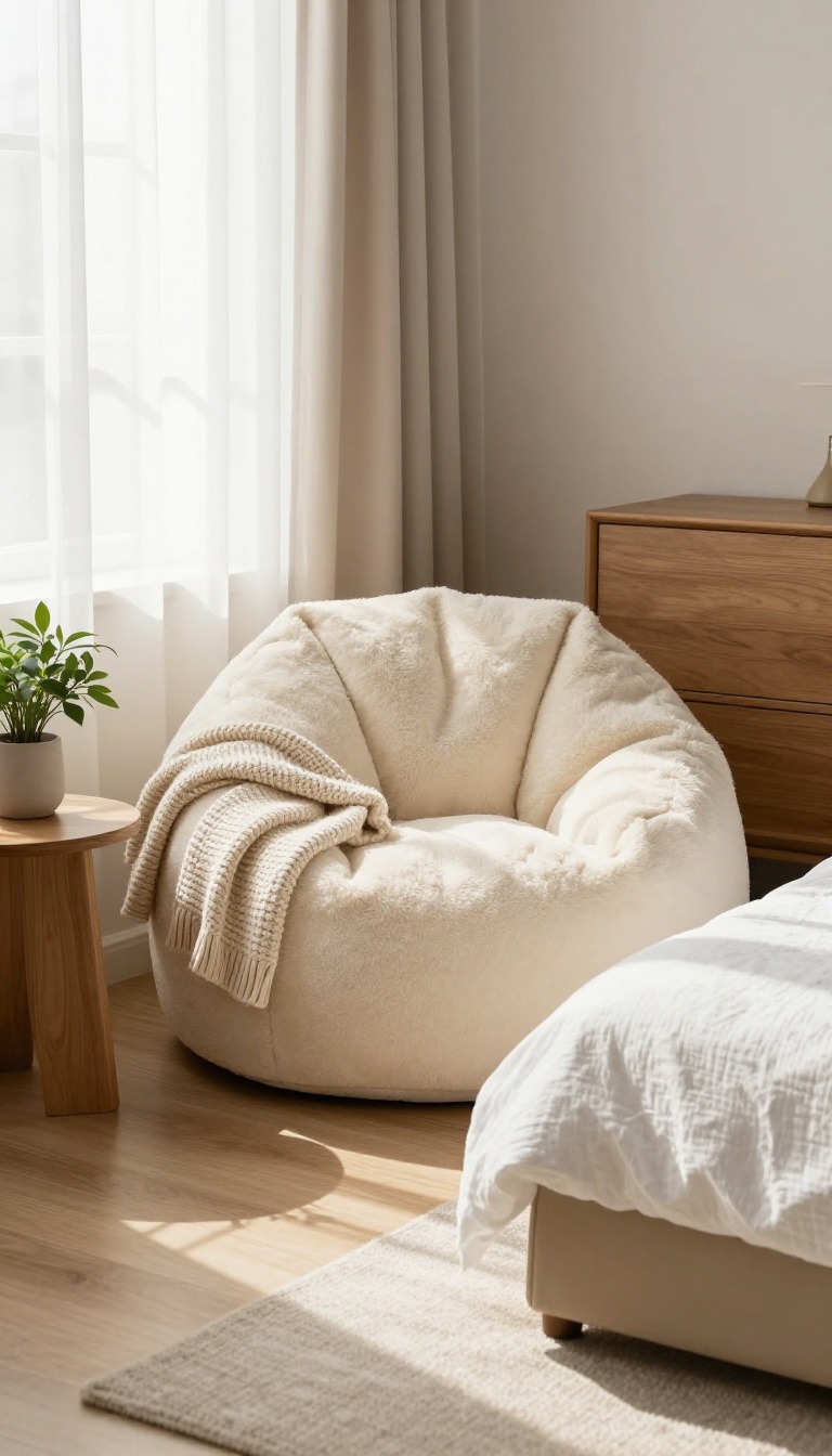 Cozy small bedroom corner with a cream faux fur beanbag chair softening the space beside a bed and wooden nightstand in bright natural light