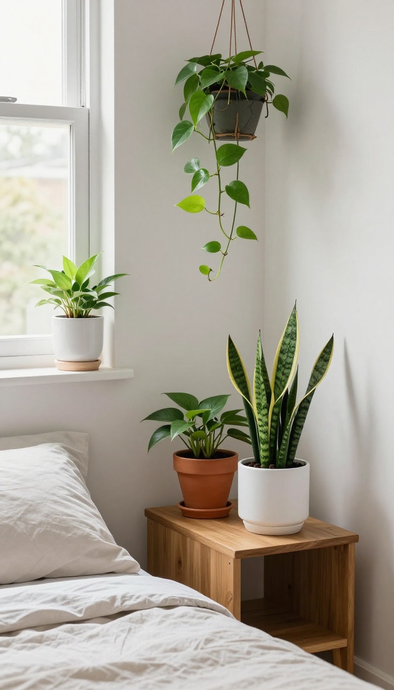 Cozy small bedroom with low-maintenance pothos and snake plants styled on a nightstand and floating shelf in bright natural light
