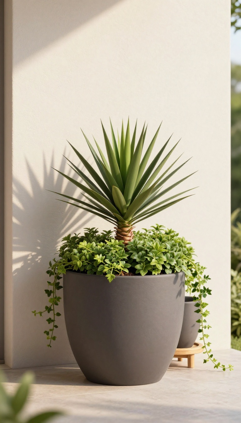 Oversized charcoal planters with cordyline, sedum, and trailing ivy in a sunlit small backyard patio corner