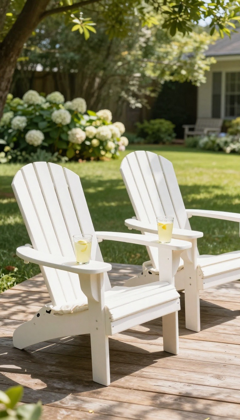 Two upgraded white Adirondack chairs with contoured seats, cup holder armrests, and plush cushions on a sunny backyard patio