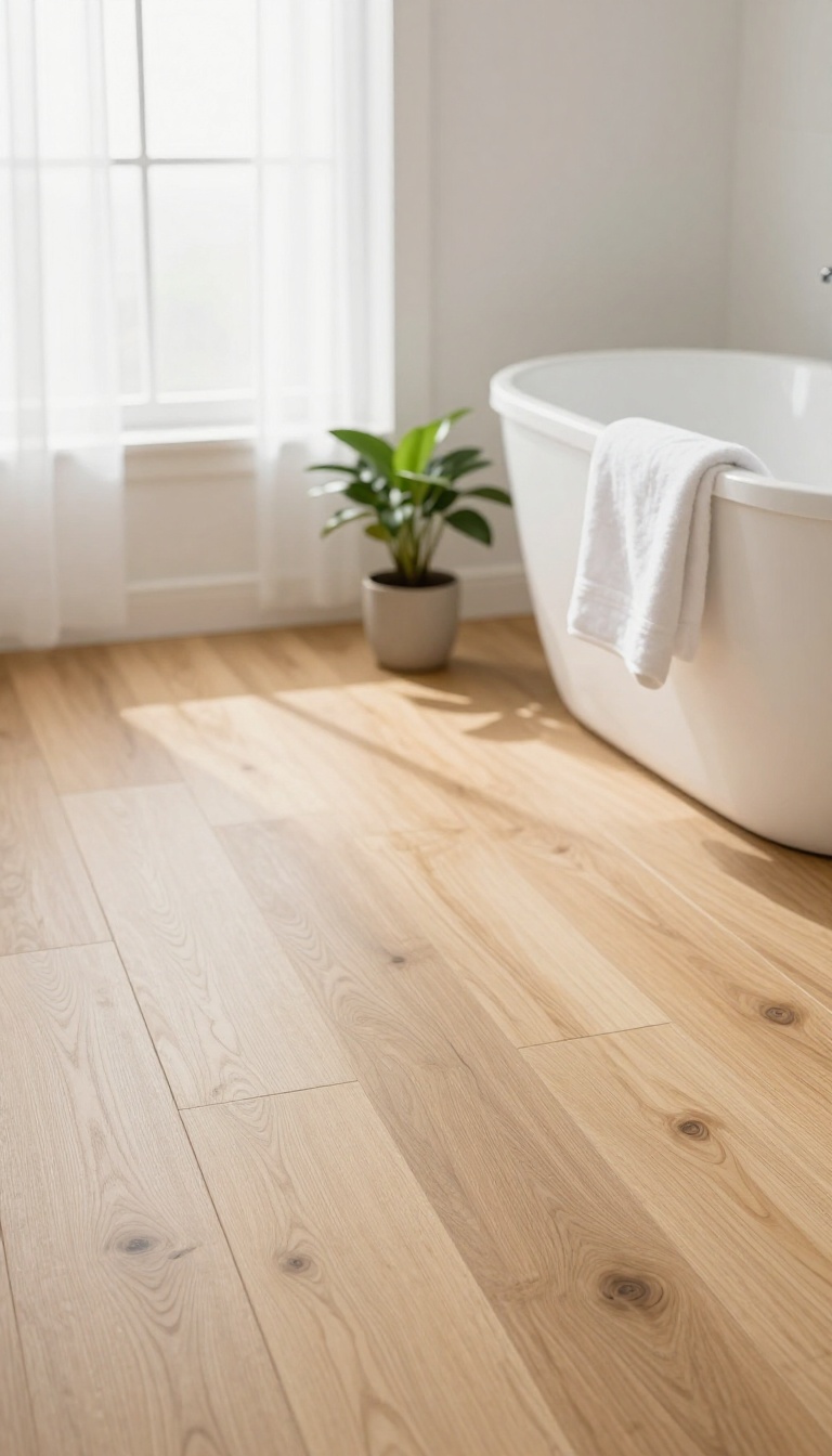 Bright bathroom with warm light oak wood-look peel-and-stick plank flooring and cozy natural light