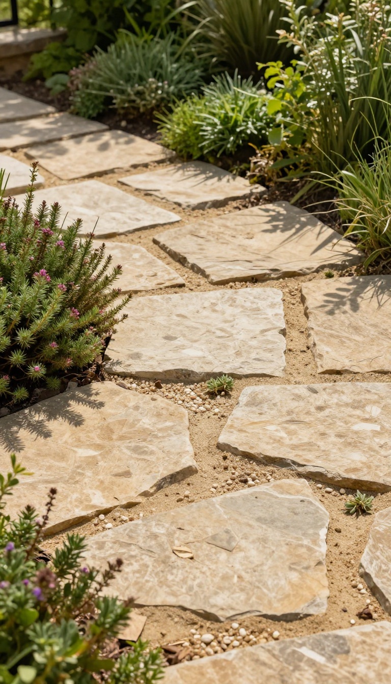 Natural flagstone patio with sand base and greenery