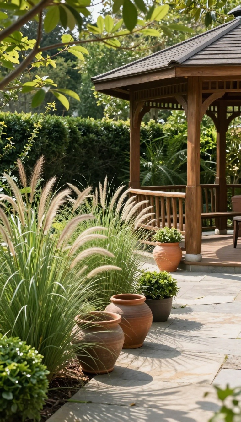 Backyard gazebo base surrounded by tall ornamental grasses, boxwood hedges, and large potted plants creating natural privacy