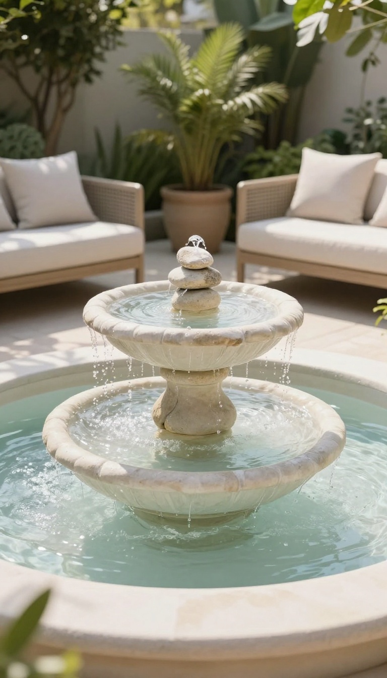 Peaceful patio with a small stone water fountain surrounded by potted plants and cozy outdoor seating in bright natural light