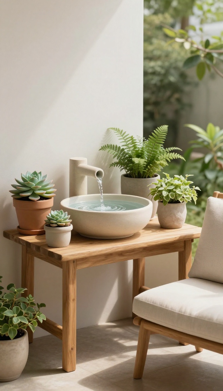 Small patio with a tabletop water fountain on a side table, surrounded by plants and a chair.