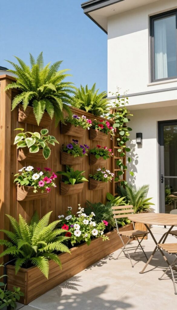 A townhome patio with a lush vertical garden on a wooden fence, featuring ferns, petunias, and climbing vines, with a small bistro set in the foreground.