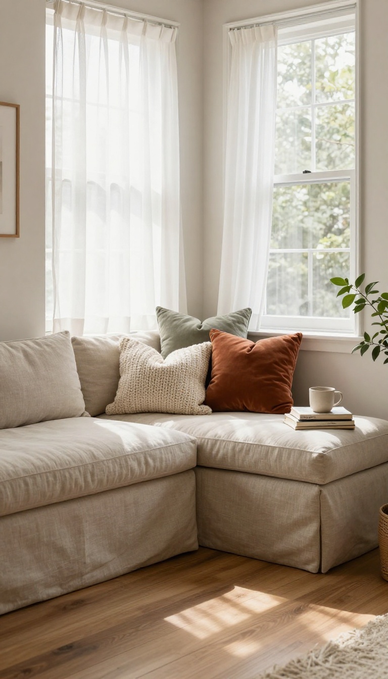 Cozy living room bay window with a cushioned bench seat and layered throw pillows in soft neutral tones