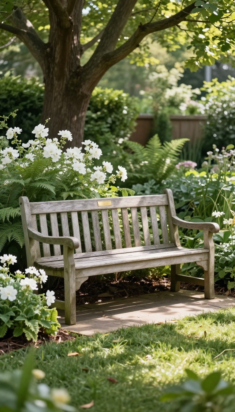 Simple wooden garden bench tucked into a shaded backyard corner beside a peaceful flower bed, with dappled sunlight filtering through the trees