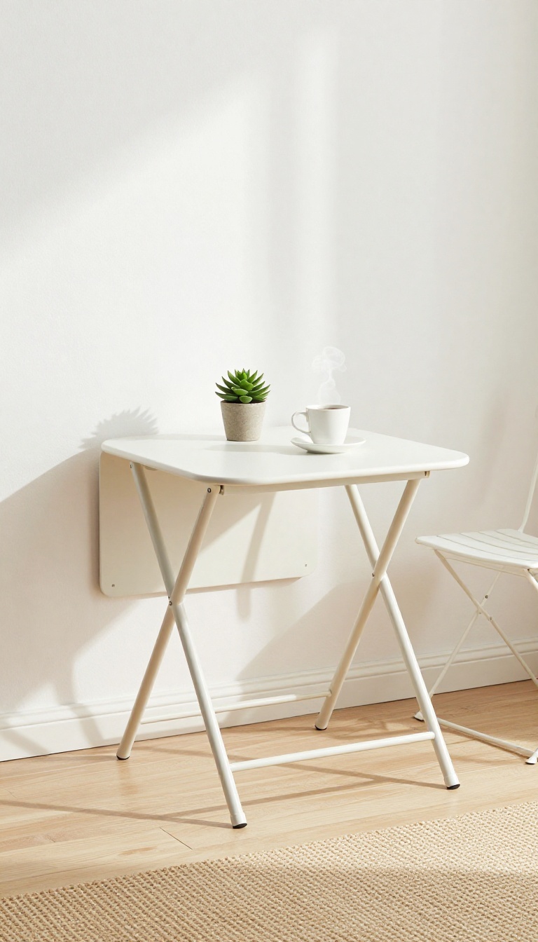 Compact bistro set with drop-leaf table and foldable chair on a small sunny patio