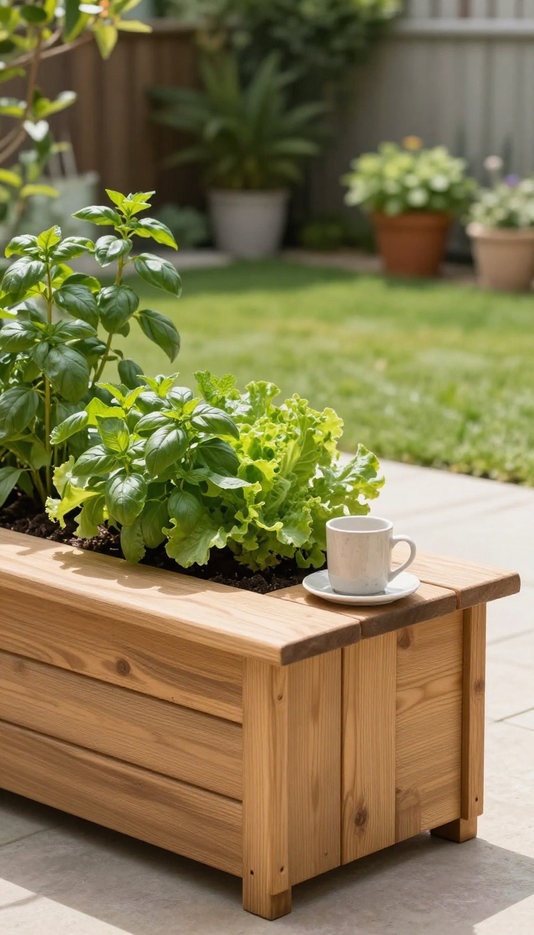 Cedar raised garden bed with a wide bench cap holding herbs and greens at sitting height in a sunny backyard