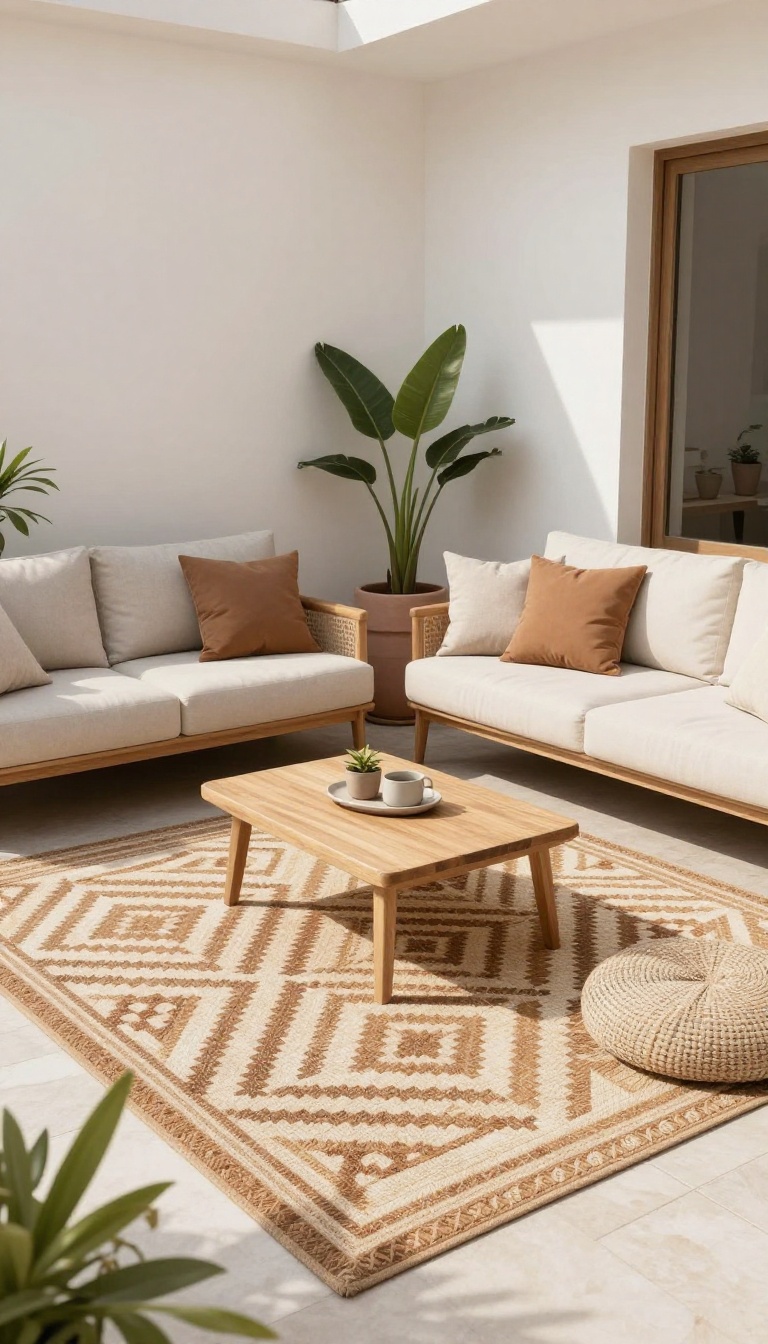 Small patio with a patterned outdoor rug under a seating area, creating a cozy and defined outdoor living space.