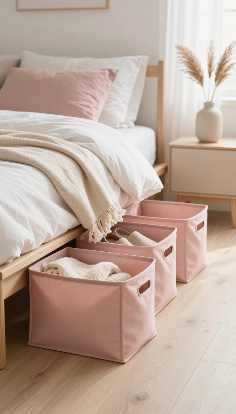 Small pink bedroom with blush fabric storage bins tucked neatly under a low platform bed in bright natural light