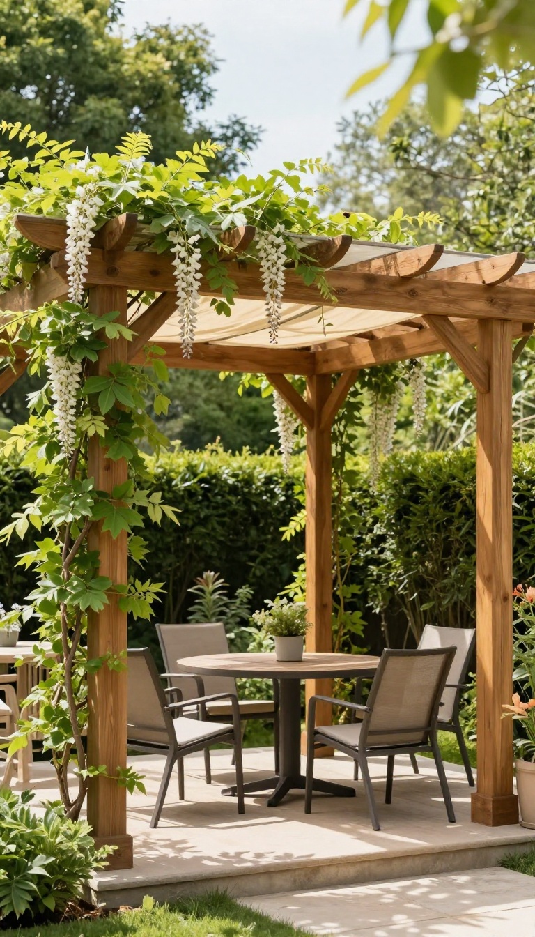 Wooden backyard pergola covered in climbing vines and shade cloth above a cozy patio seating area