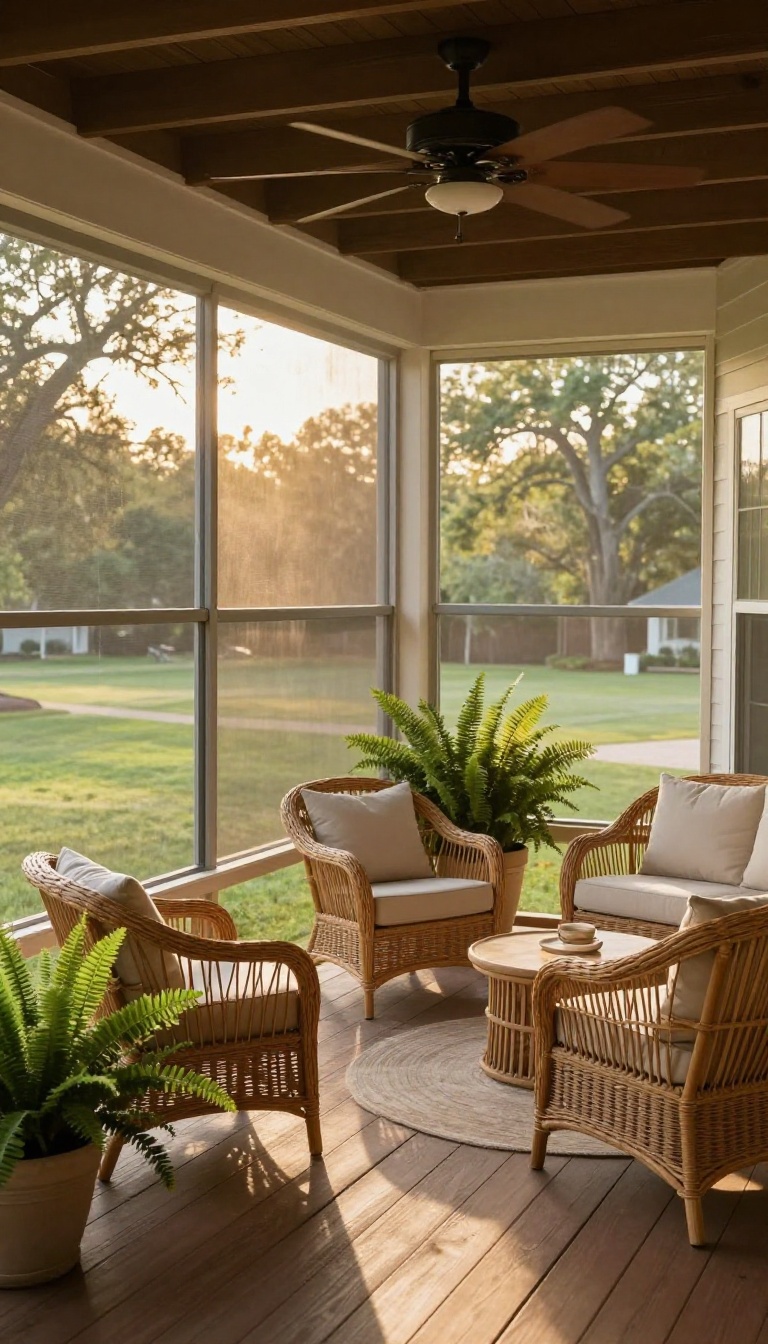 Screened-in porch with wicker seating, ceiling fan, and green backyard view at golden hour