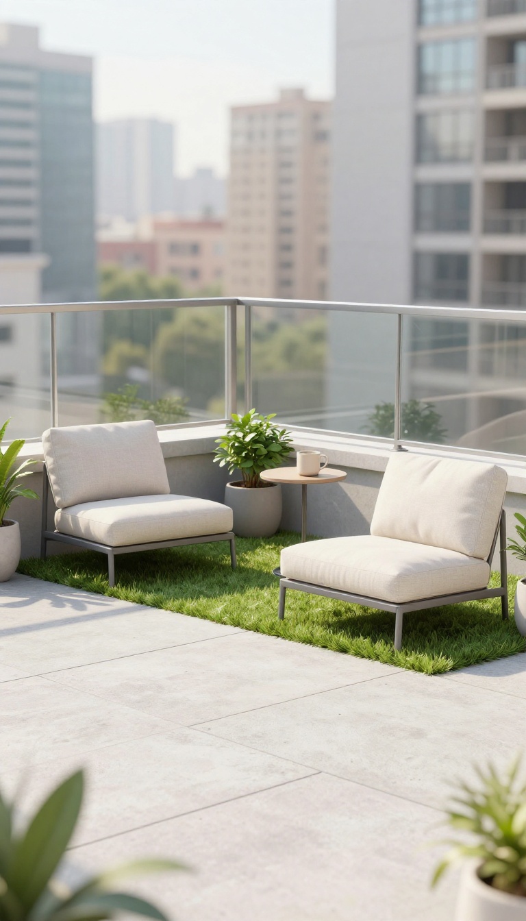 Small urban rooftop balcony covered in artificial turf tiles with a lounge chair and potted plants under bright natural light