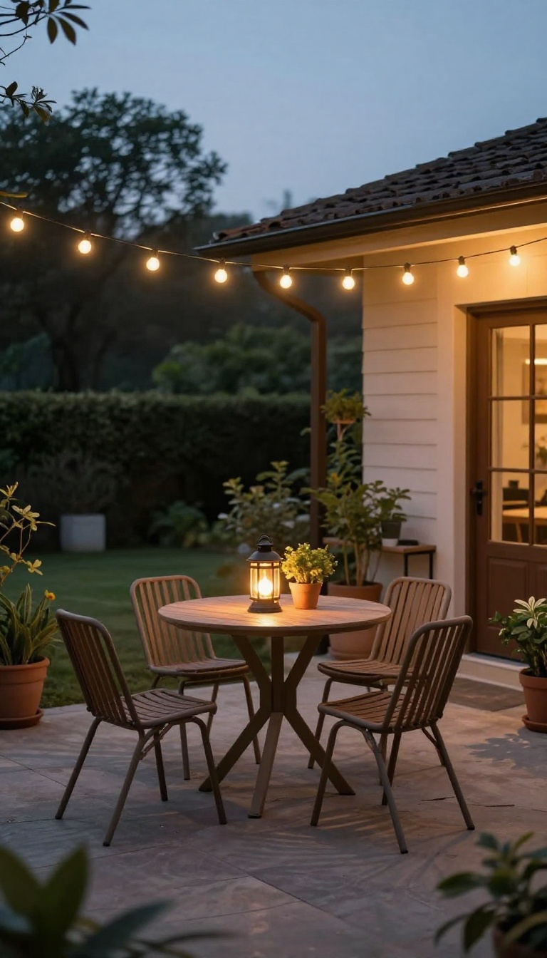 Small patio with string lights and lanterns creating a warm evening ambiance