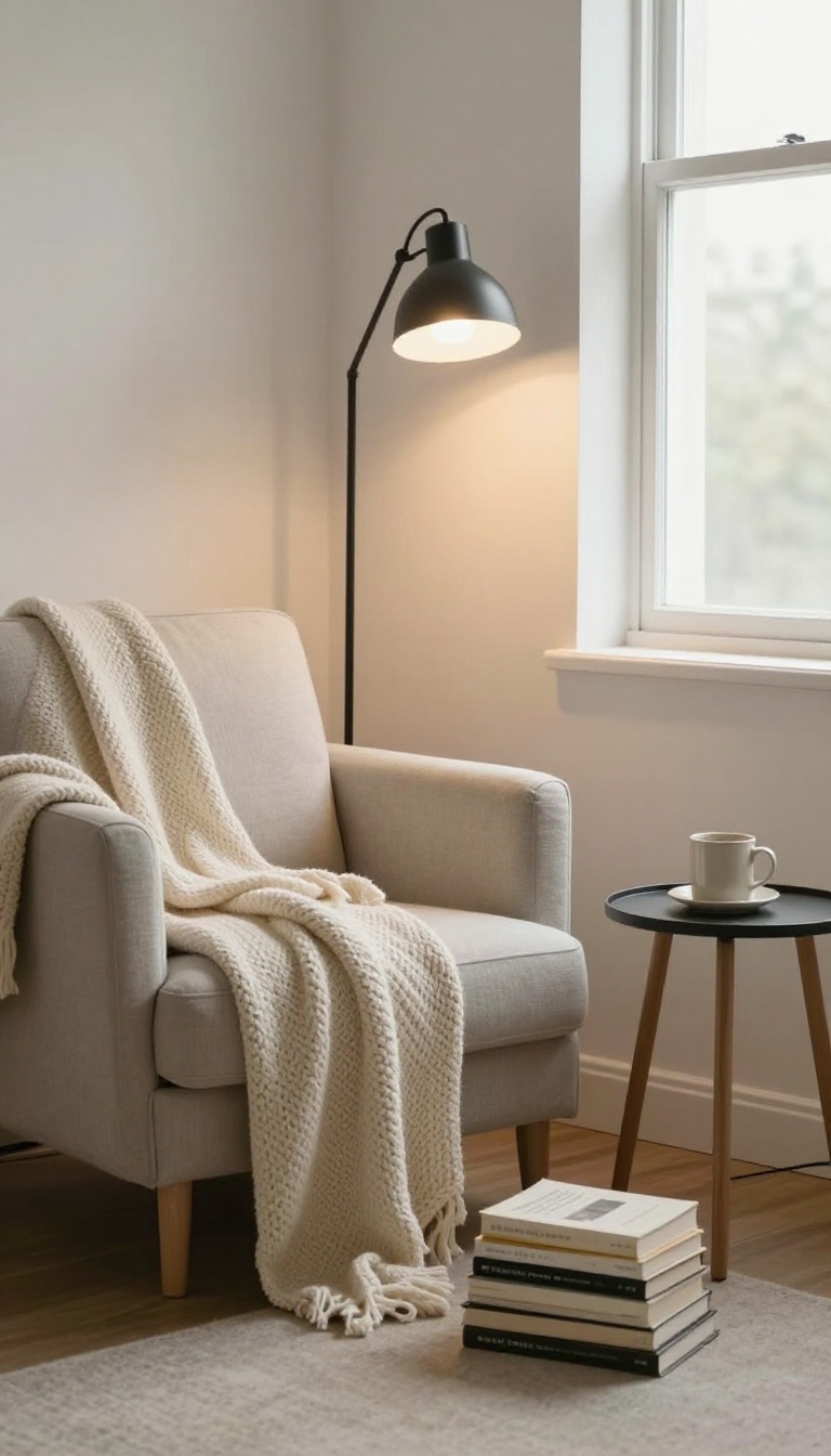 Cozy reading corner in a small bedroom with a petite accent chair, floor lamp, and stack of books in warm natural light