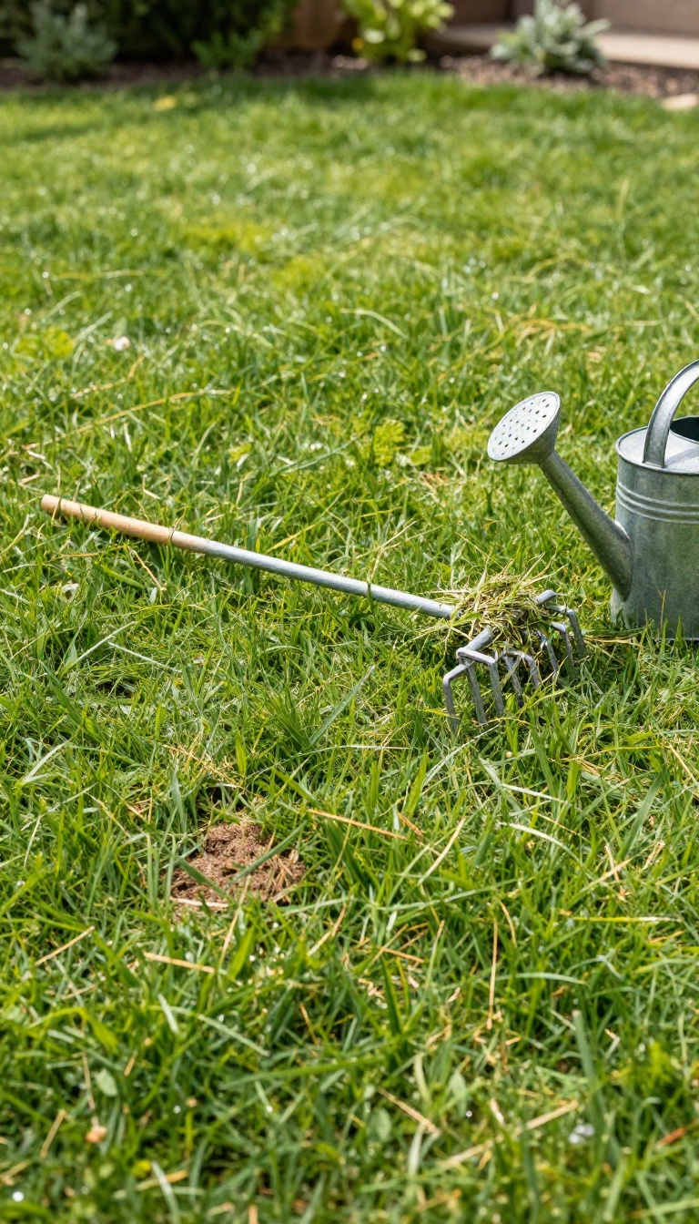 Sunlit backyard lawn with thin patches being overseeded, grass seed and a rake on the grass