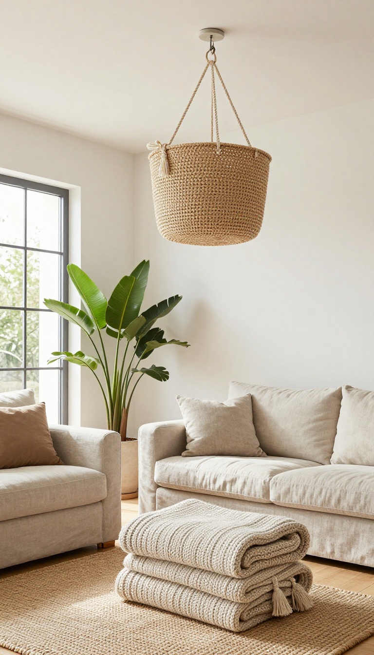 Woven rope basket hanging from a living room ceiling holding folded blankets, adding bohemian storage and style.