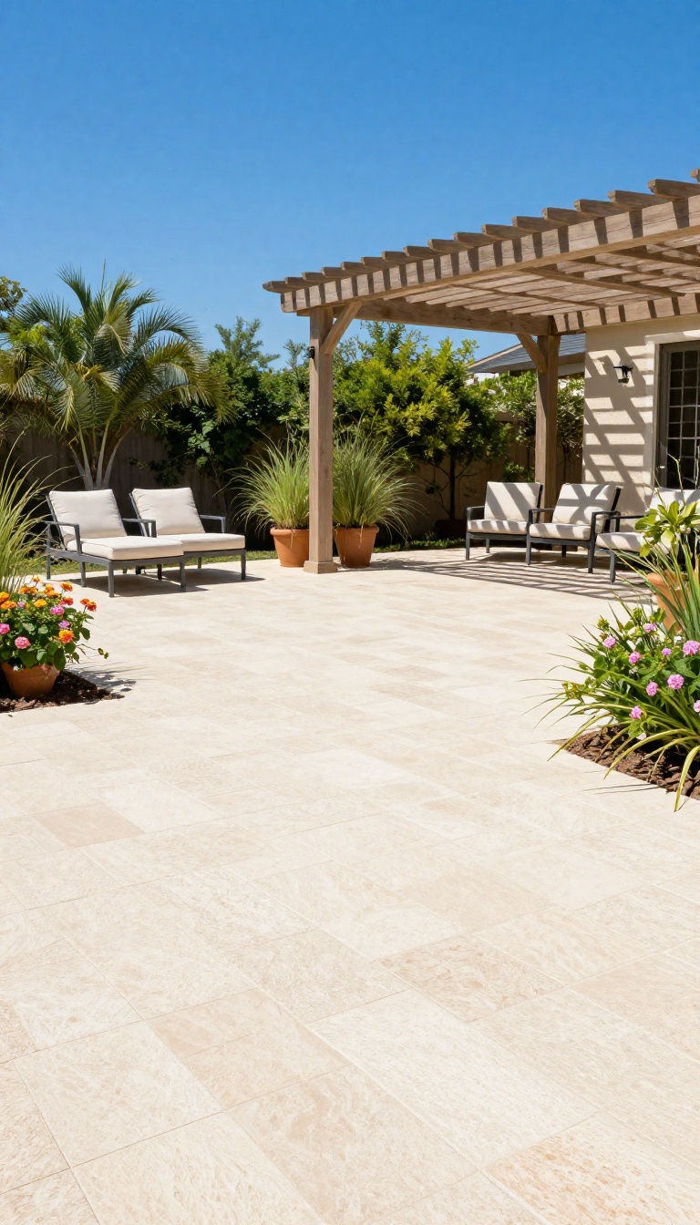Light-colored travertine pavers and a cool-deck coated patio in a sunny Texas backyard with shade and comfortable seating