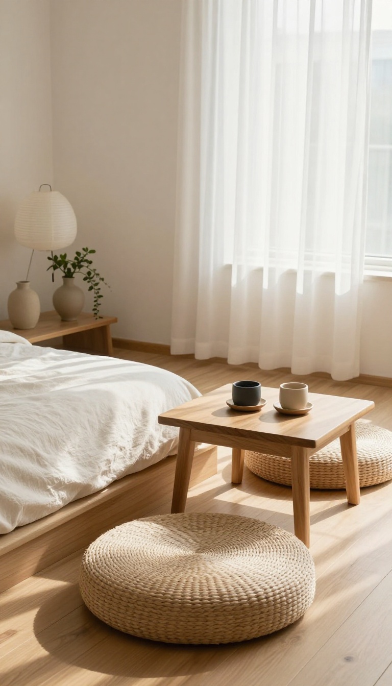 A round oatmeal linen floor cushion on a light wood floor in a small Korean-inspired bedroom with a low platform bed and soft natural light.