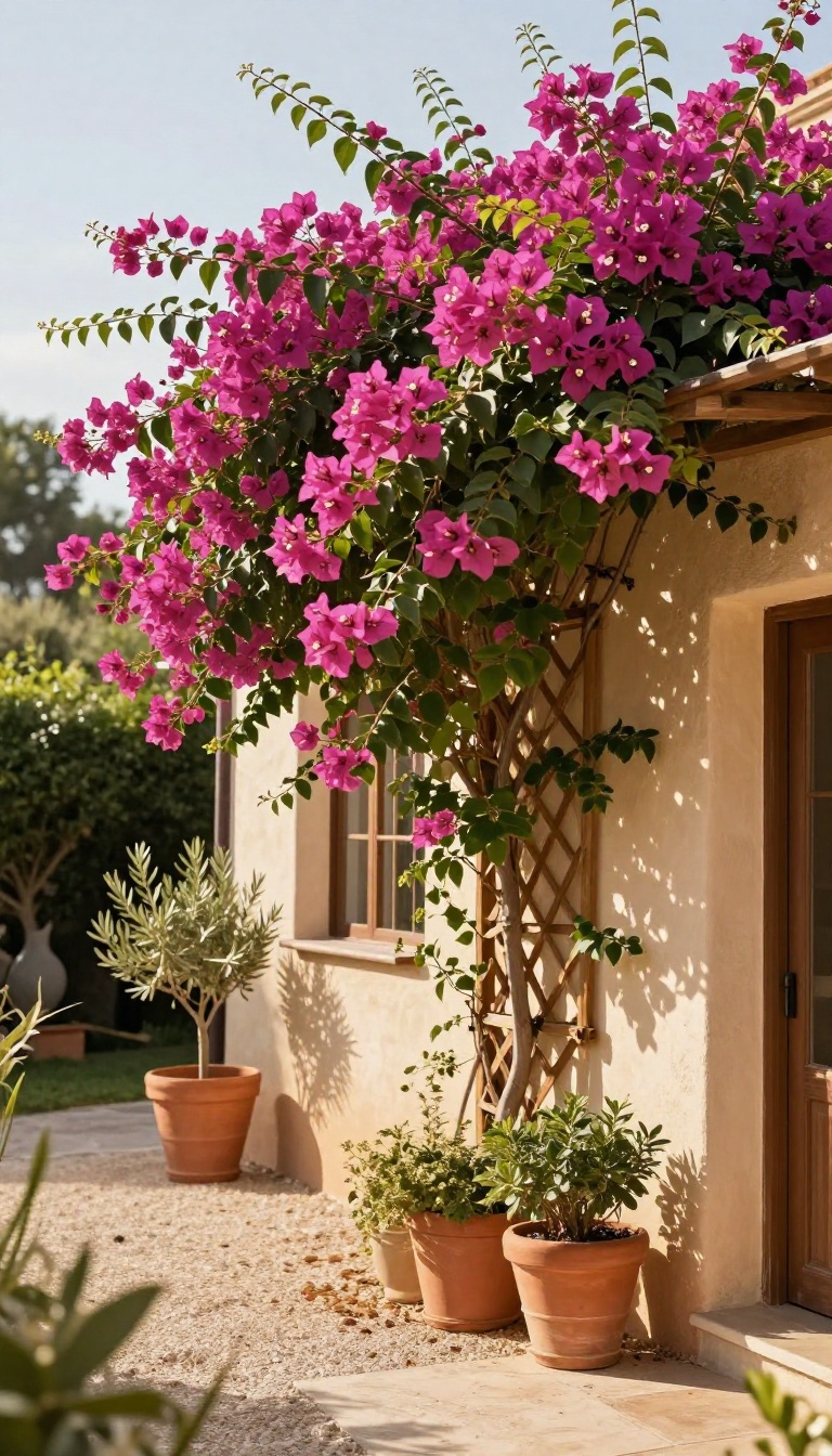 Sunlit Mediterranean backyard wall covered in cascading bougainvillea vines over a wooden trellis