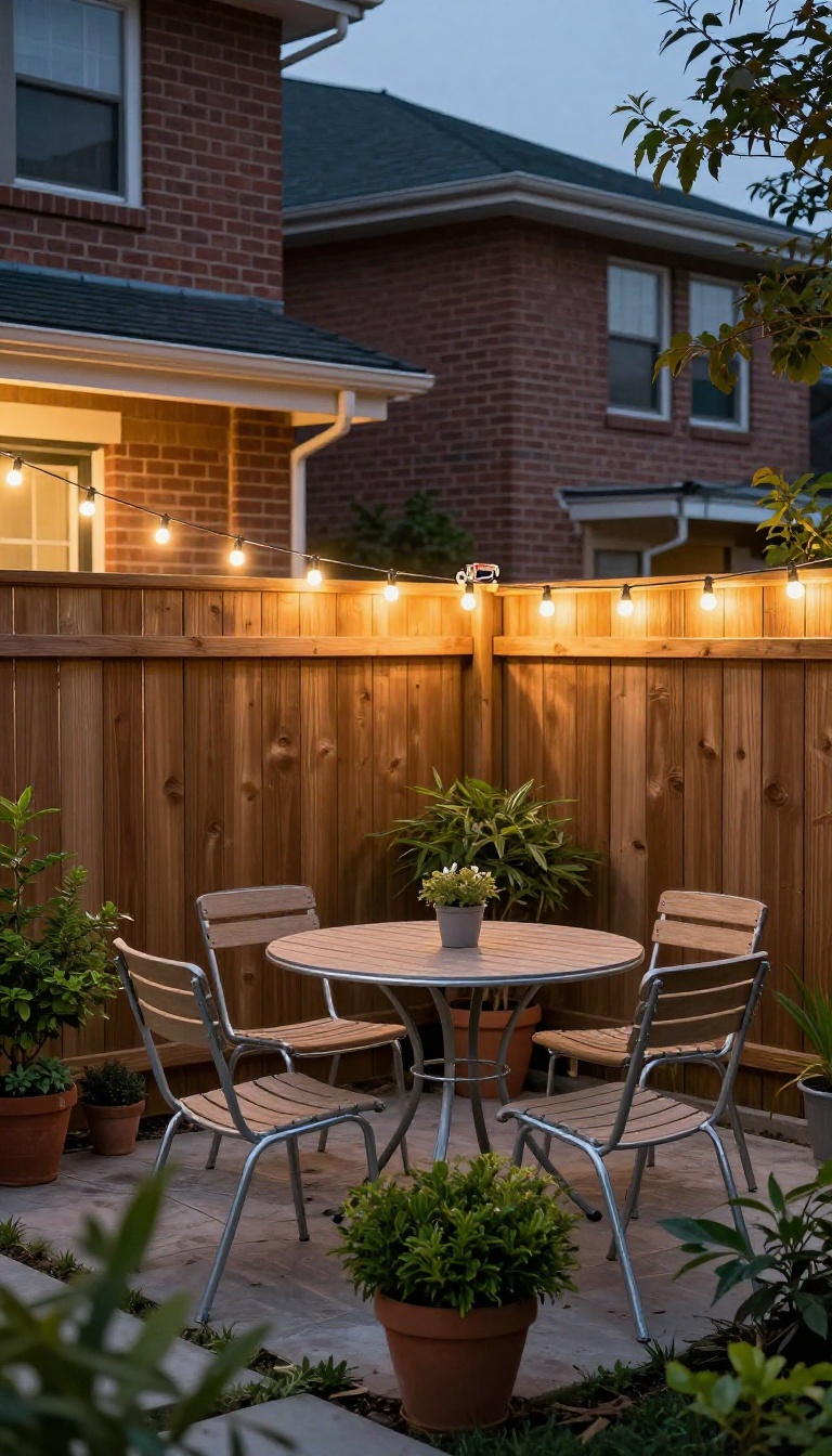 Warm string lights hung on a perimeter wire above a small townhome backyard patio at dusk