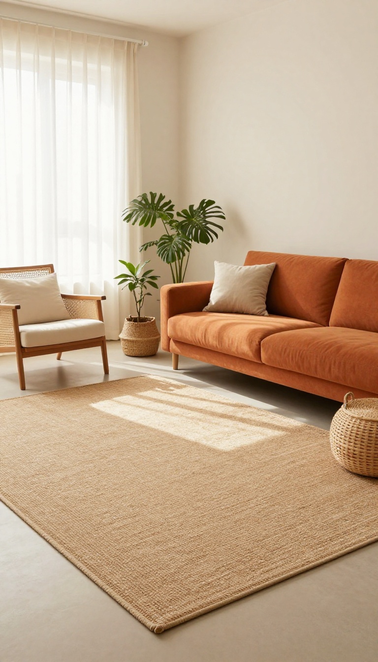 Bright living room with an orange couch layered with a jute rug, rattan side table, and woven natural textures in warm daylight