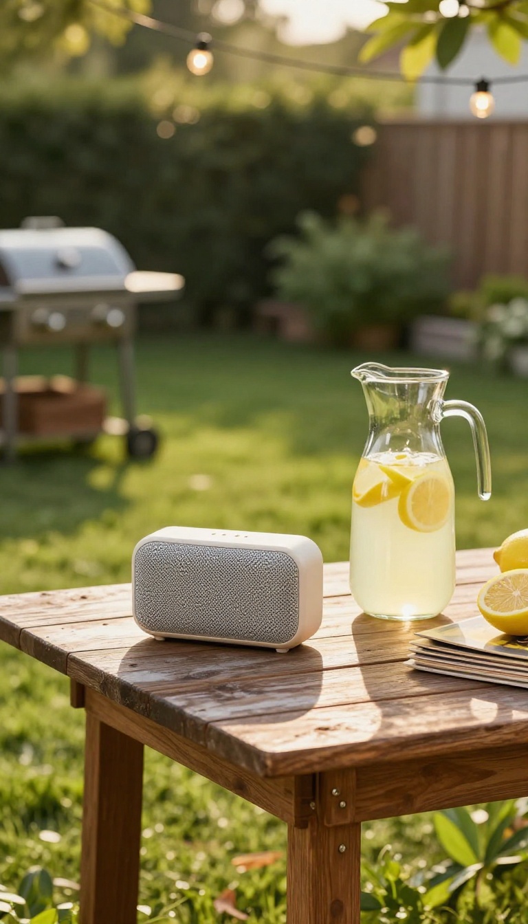 Portable speaker and lemonade on a backyard patio table with string lights, ready for a cookout playlist